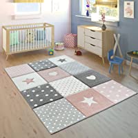 Los mejores  - Paco Home Alfombra Infantil Pastel Cuadros Puntos Corazones Estrellas Blanco Gris Rosa- tamaño:80x150 cm